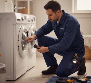 Háztartási gépszerelő ellenőrzi egy AEG mosógép ajtaját hibakód-ellenőrzés közben.