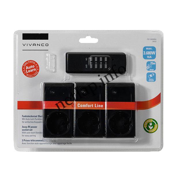 Vivanco távirányítós hálózati aljzat 3680W, 3 csatorna, 3 aljzat IP20, fekete, automatikus tanulás